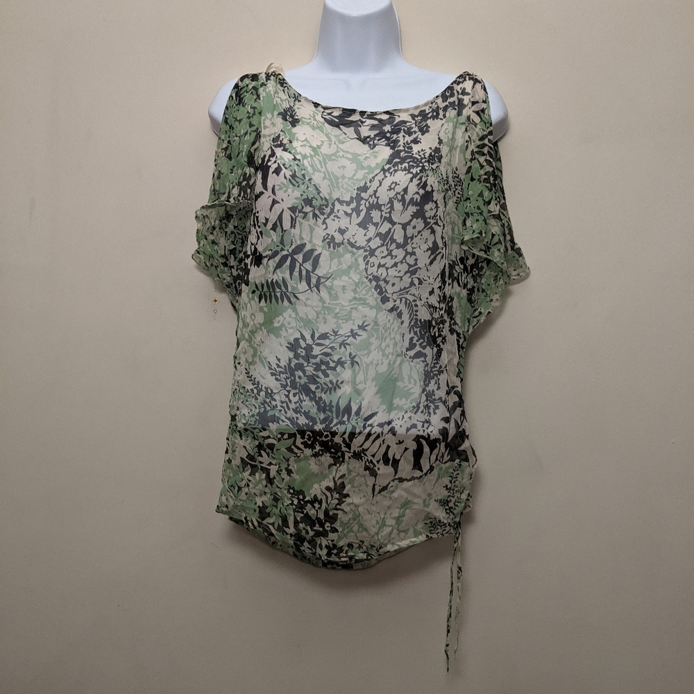 Esprit Silk Floral Green and Black Sheer Short Split Sleeve Top M